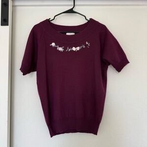 Vintage Jantzen Purple Floral Short Sleeve Sweater Top Grandma Embroidered Wool